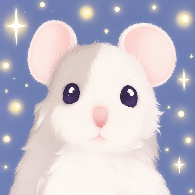 dowy character, a soft white kawaii mouse on a glowing blue starry background